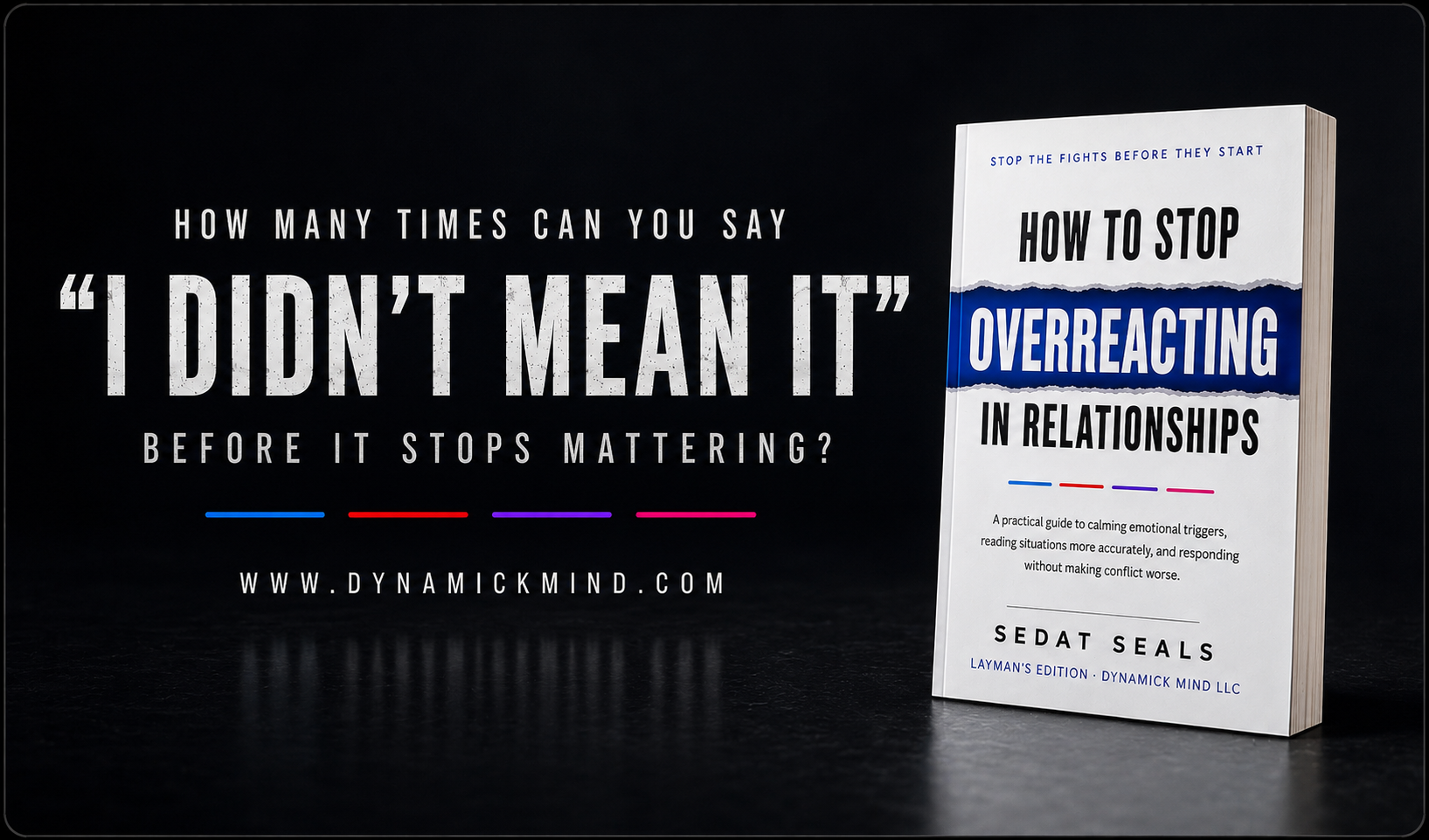 Book promotion for How to Stop Overreacting in Relationships beside a warning about repeated apologies